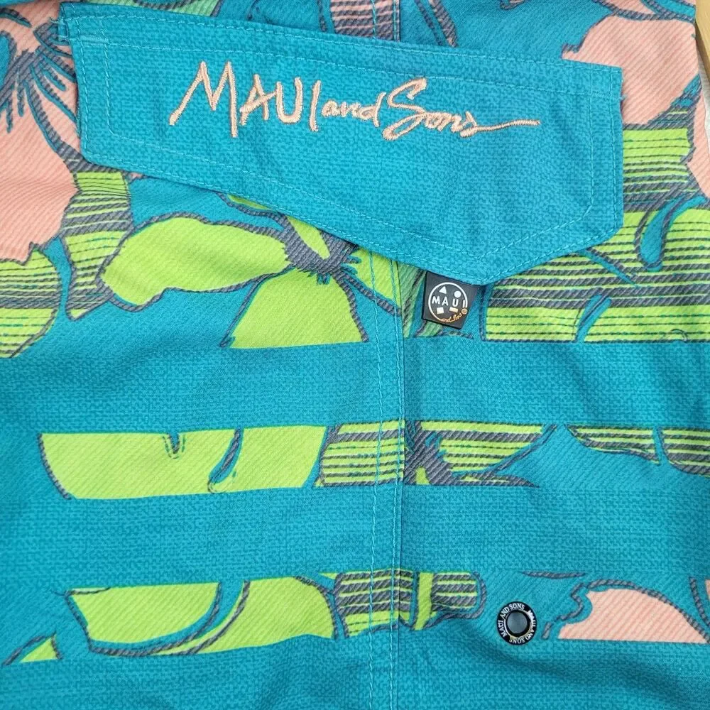 Maui and Sons aqua men's swim trunks pink green Hawaiian tropical print 36